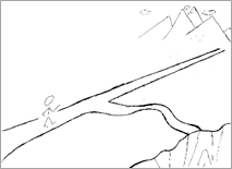 line drawing of road going to a mountain, and a side road that leads to a cliff